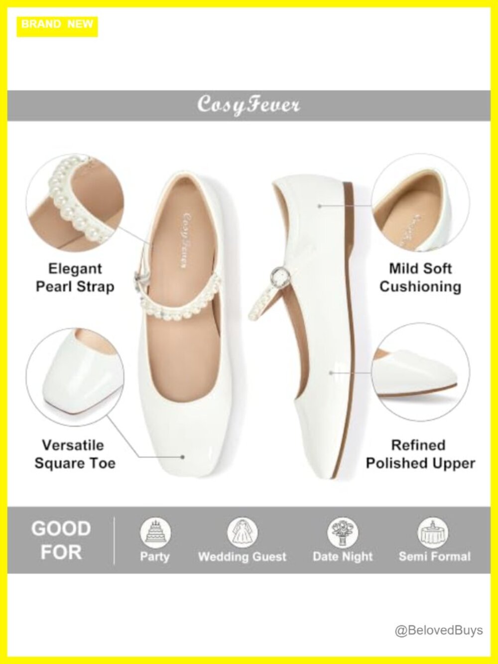 Dressy Mary Jane Flats, Square Toe Pearl Strap Flat Dress Shoes for Wedding - Picture 3 of 6